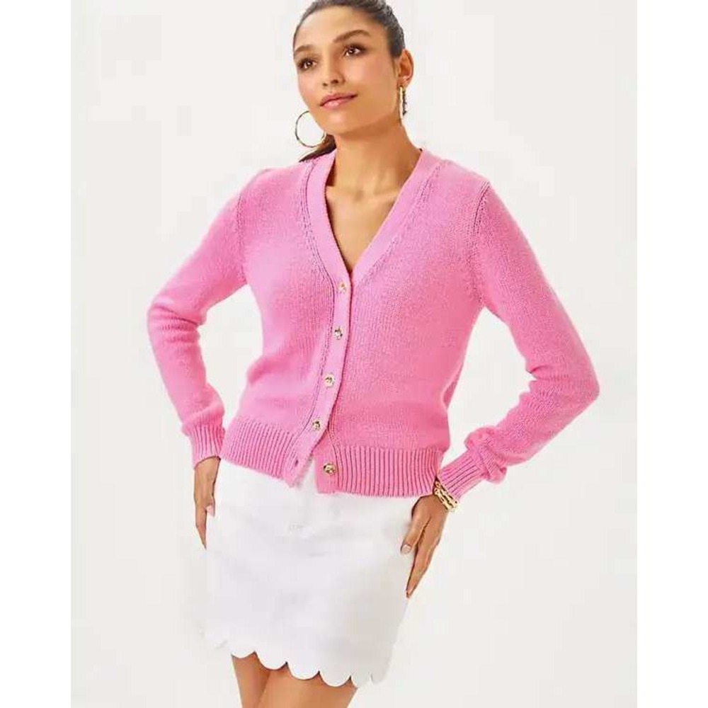 Lilly Pulitzer Pink Cotton V-Neck Cardigan Sweater Gold Buttons NWT Size S